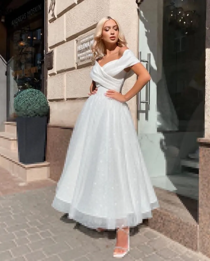 Abito da sposa bianco da spiaggia Boho con spalle scoperte Abito da sposa principessa