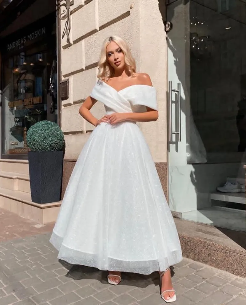 Abito da sposa bianco da spiaggia Boho con spalle scoperte Abito da sposa principessa