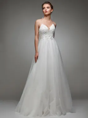 Abito da sposa semplice con bretelle trasformabili e corpetto in pizzo