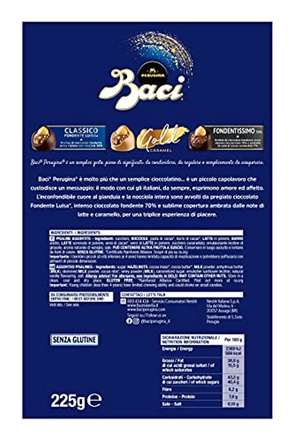 BACI PERUGINA Cioccolatini Assortiti Ripieni al Gianduia e Nocciola Intera Scatola 225g