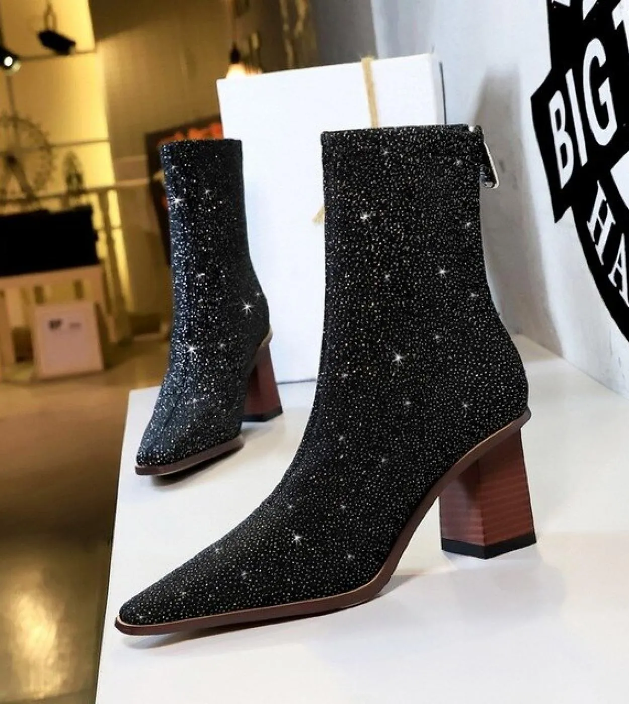 Bigtree New Nightclub Boots Thin Tacchi alti Donna Stivaletti alla caviglia con strass Bling con paillettes Moda Punta a punta C