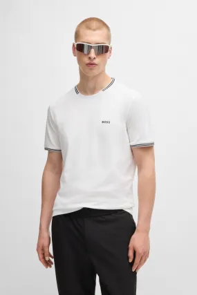 BOSS - T-shirt in cotone elasticizzato con logo e righe