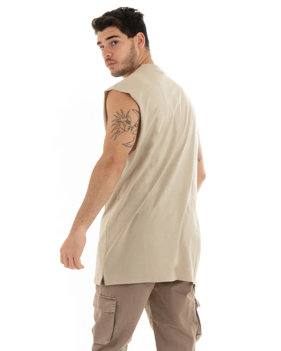 Canotta Uomo Basic Giromanica Lunga Casual Tinta Unita Beige Girocollo GIOSAL-CN1078A