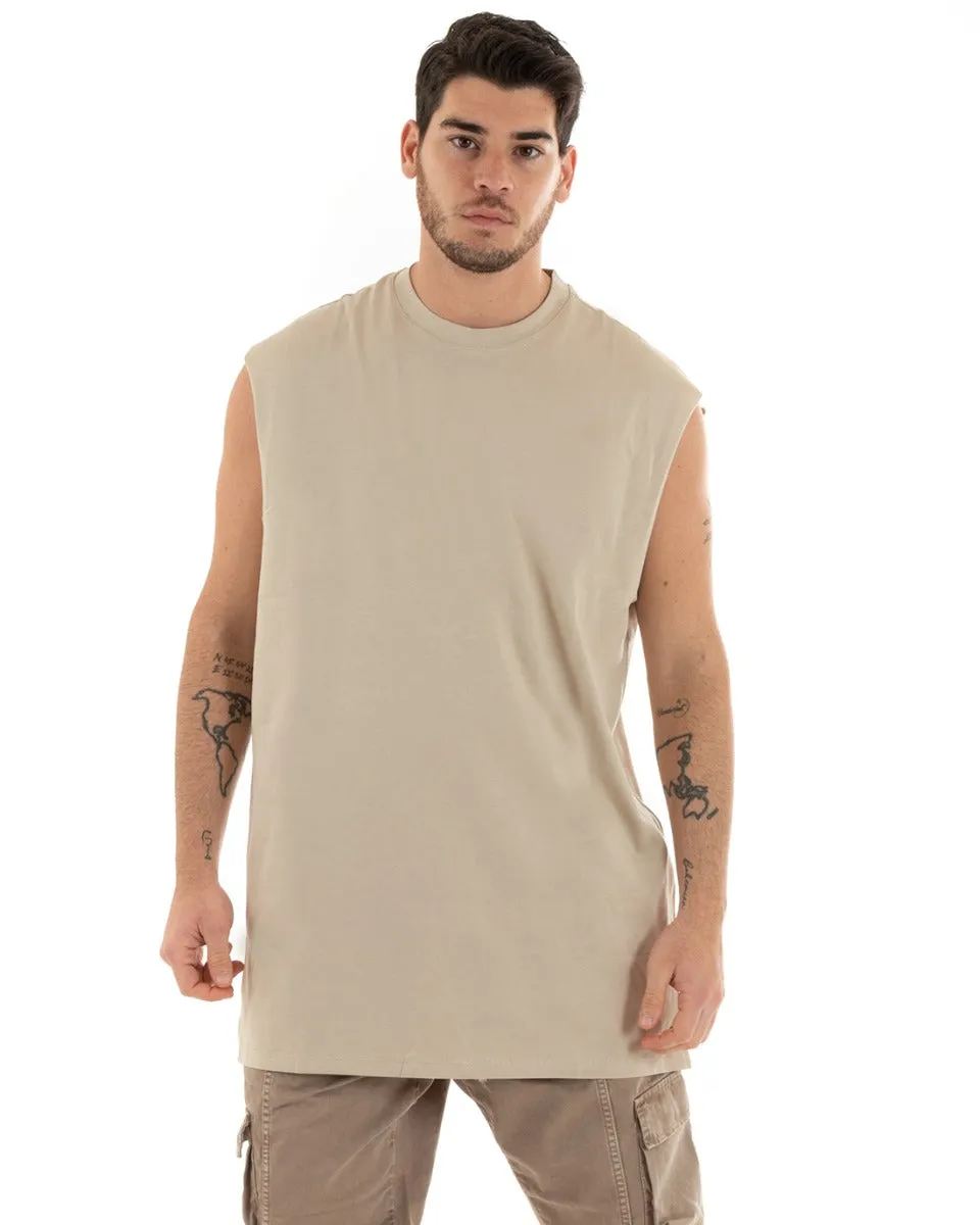 Canotta Uomo Basic Giromanica Lunga Casual Tinta Unita Beige Girocollo GIOSAL-CN1078A