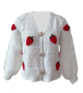 Cardigan lavorato a maglia con ricamo a fragola sciolto Maglione monopetto a torsione spessa Jwomen Cardigan con scollo a V a ma