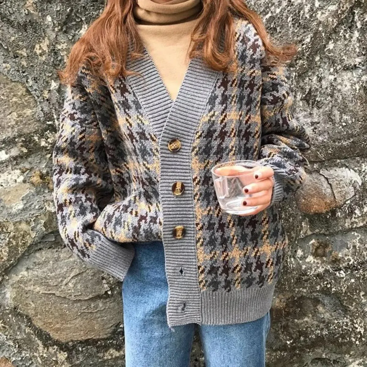 Cardigan lavorato a maglia in lana allentata con scollo a V scozzese retrò Donna Autunno Inverno Nuovo cappotto maglione tutto a