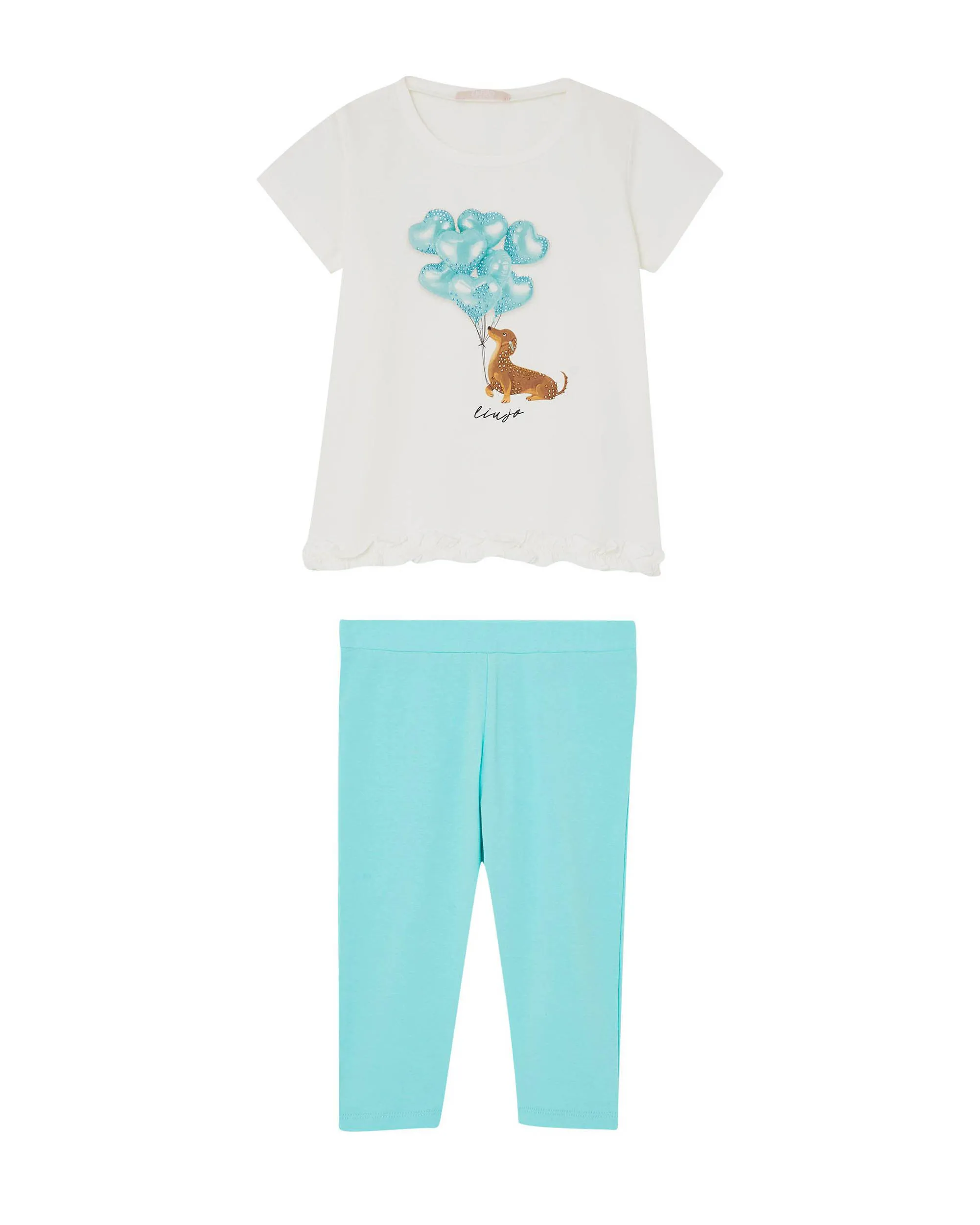Completo in cotone stretch azzurro e bianco composto da t-shirt a maniche corte con stampa bassotto e leggins 3-7 anni