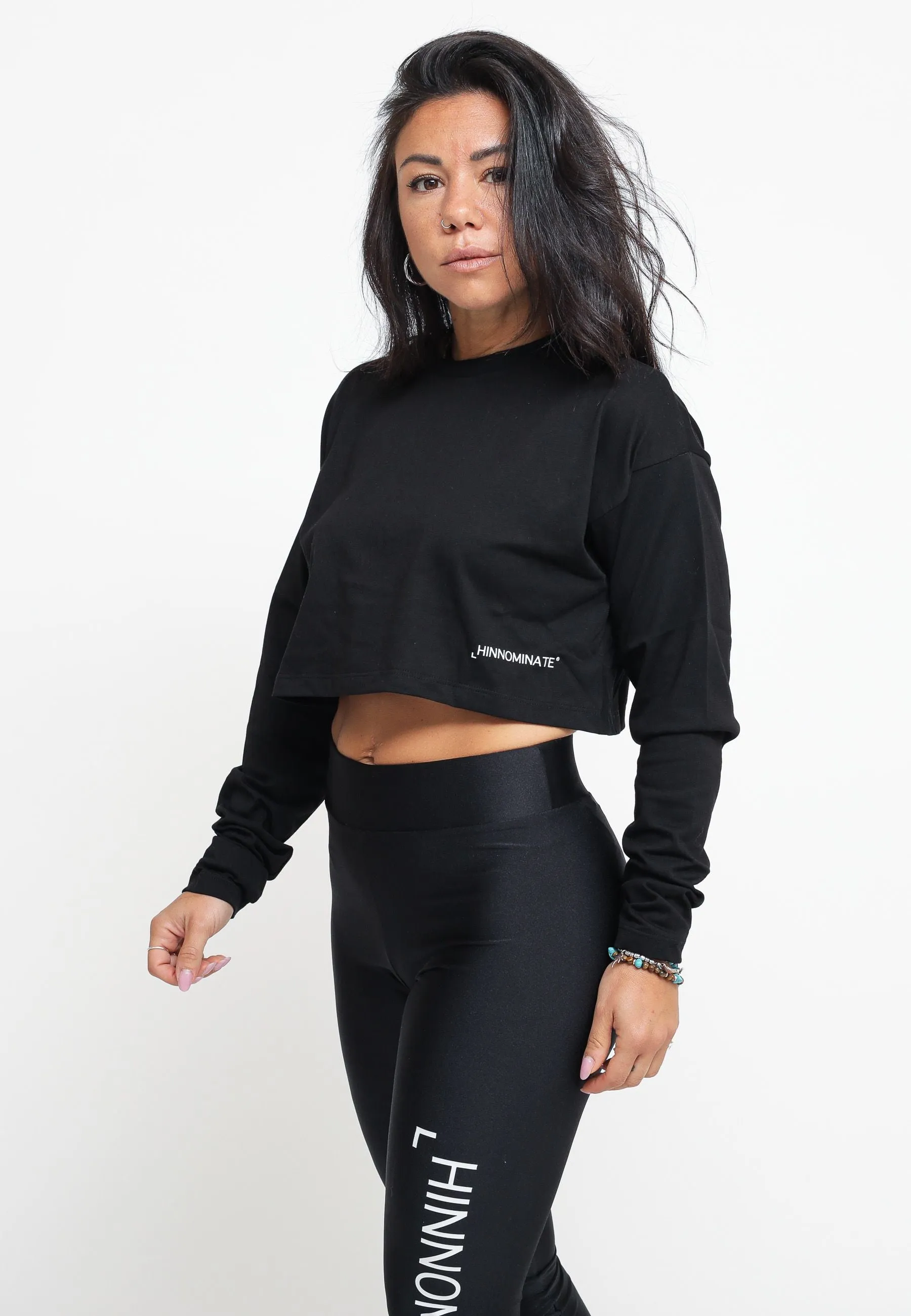 Crop Top In Jersey Manica Lunga - Nero