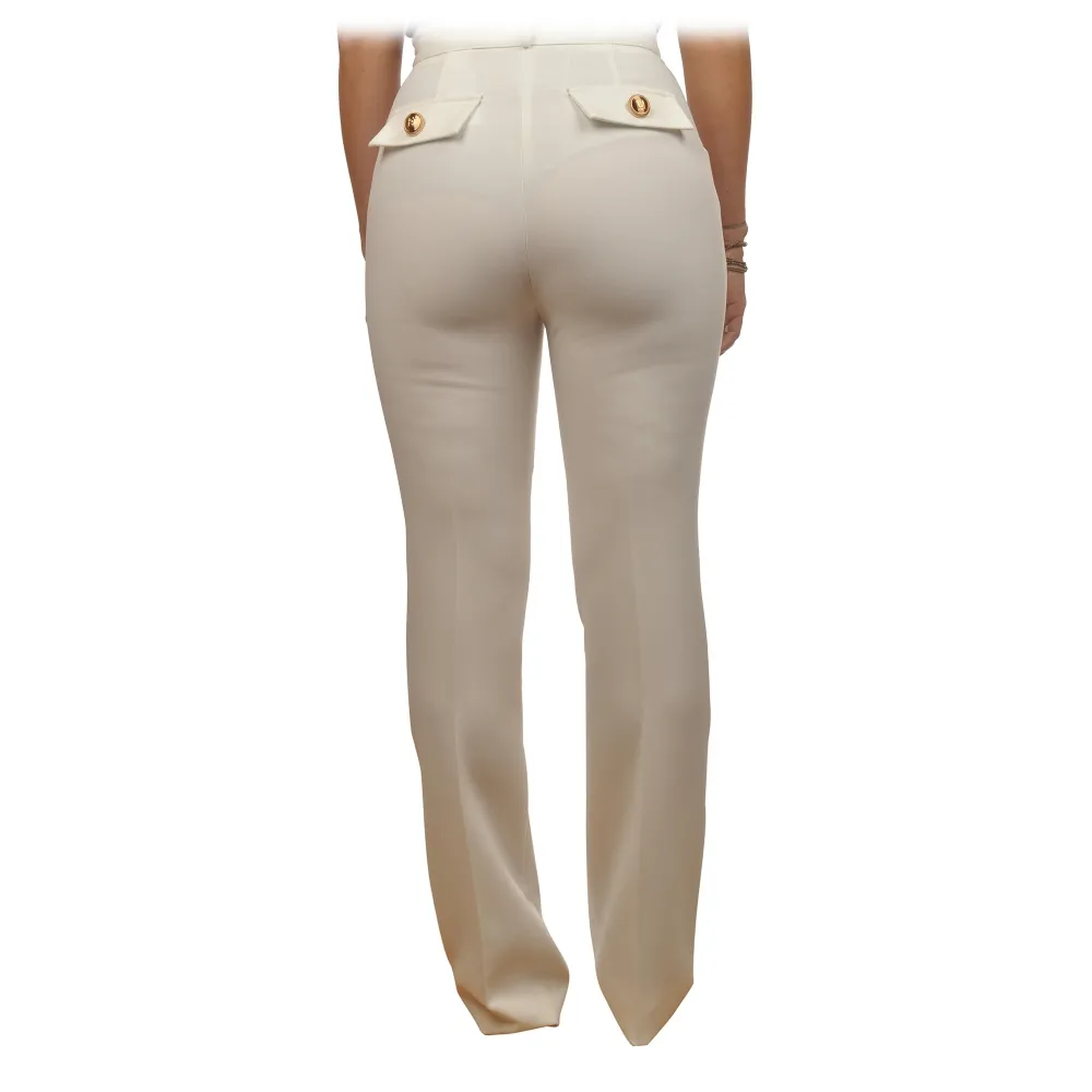 Elisabetta Franchi -  Pantaloni a Zampa con Bottoni Oro - Panna - Pantaloni - Made in Italy - Luxury Exclusive Collection