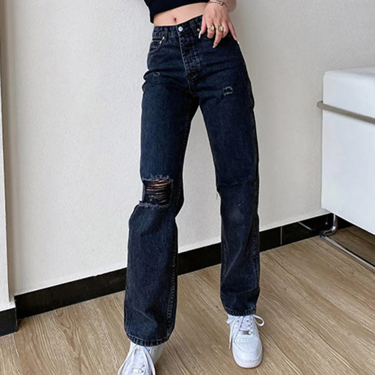 Jeans neri da donna estivi pantaloni larghi strappati a vita media in denim a gamba larga pantaloni da donna casual retrò da str