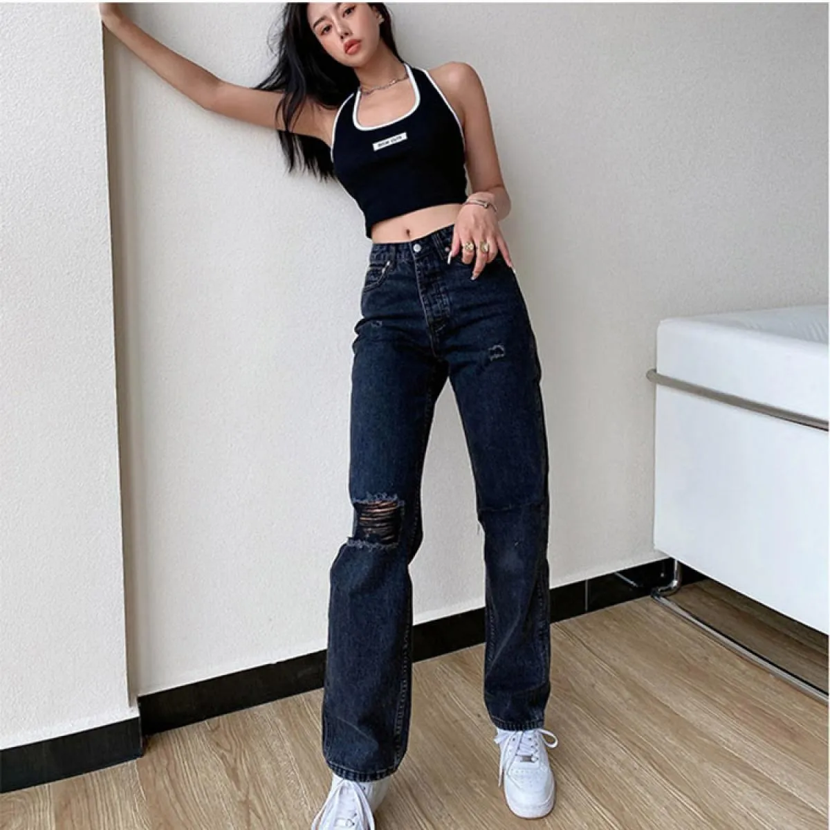 Jeans neri da donna estivi pantaloni larghi strappati a vita media in denim a gamba larga pantaloni da donna casual retrò da str