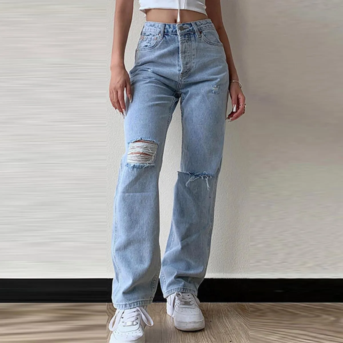 Jeans neri da donna estivi pantaloni larghi strappati a vita media in denim a gamba larga pantaloni da donna casual retrò da str