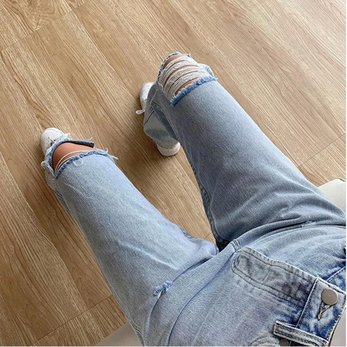 Jeans neri da donna estivi pantaloni larghi strappati a vita media in denim a gamba larga pantaloni da donna casual retrò da str