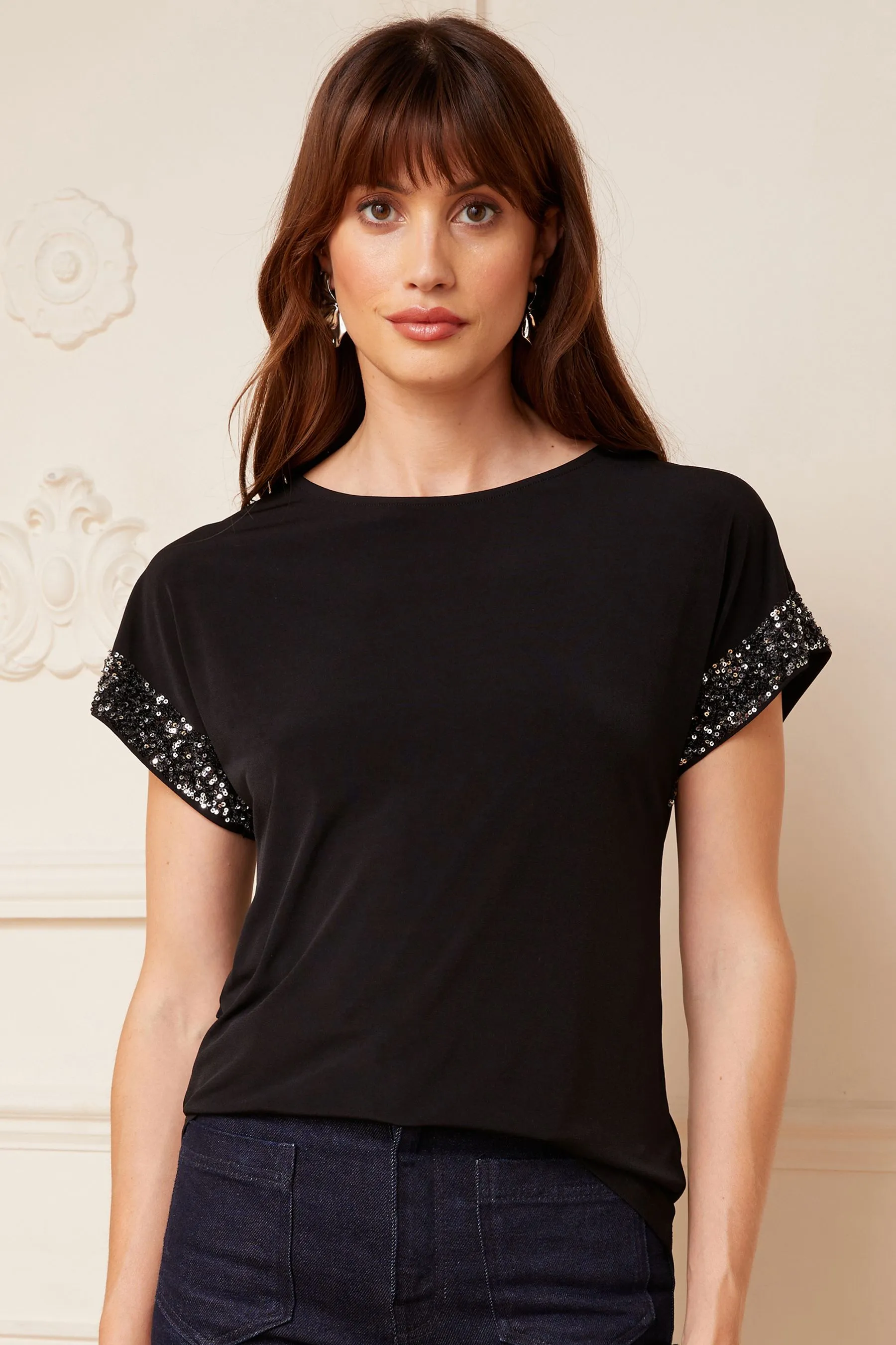 Love & Roses Paillettes - Top in jersey con polsini ai polsi