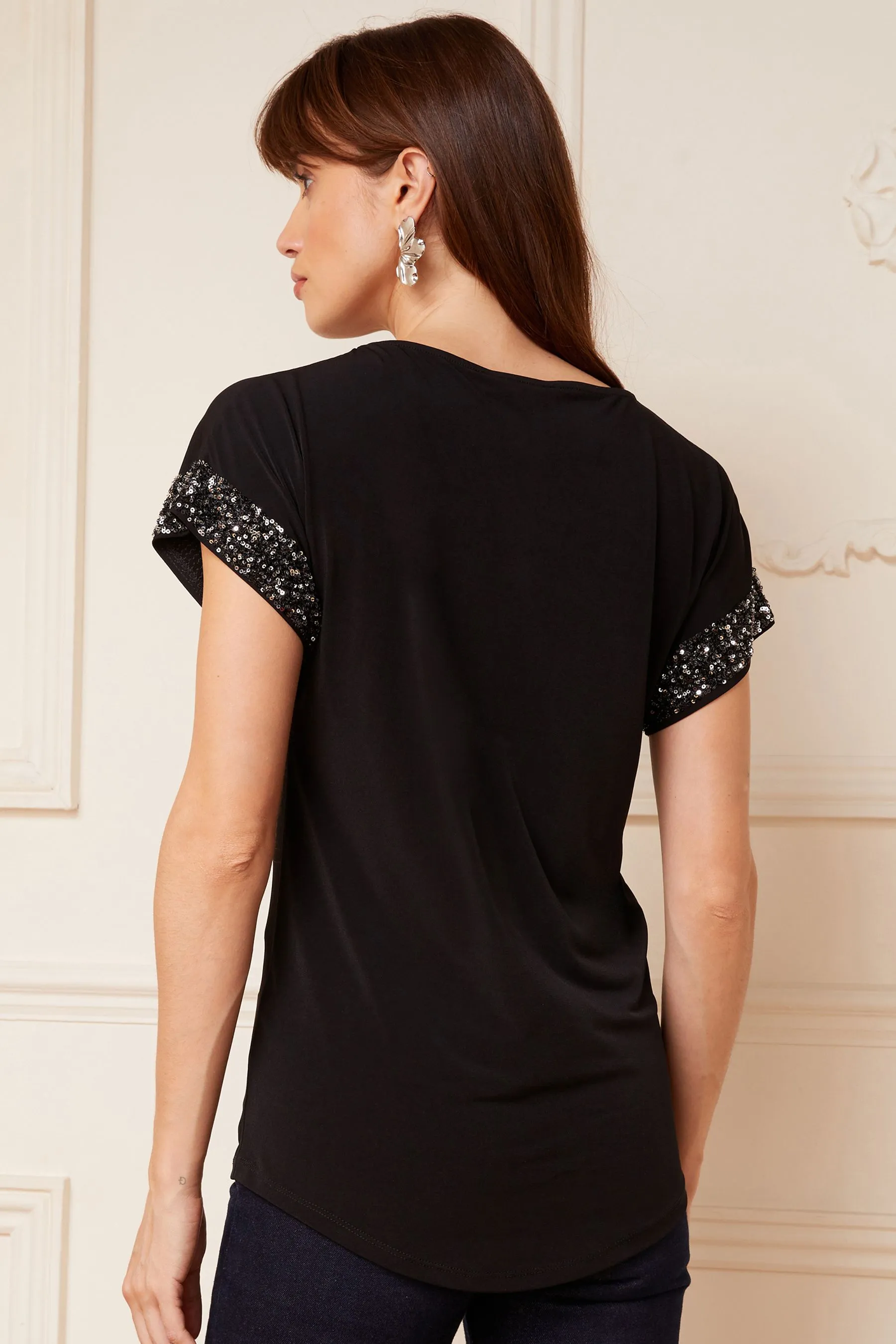 Love & Roses Paillettes - Top in jersey con polsini ai polsi