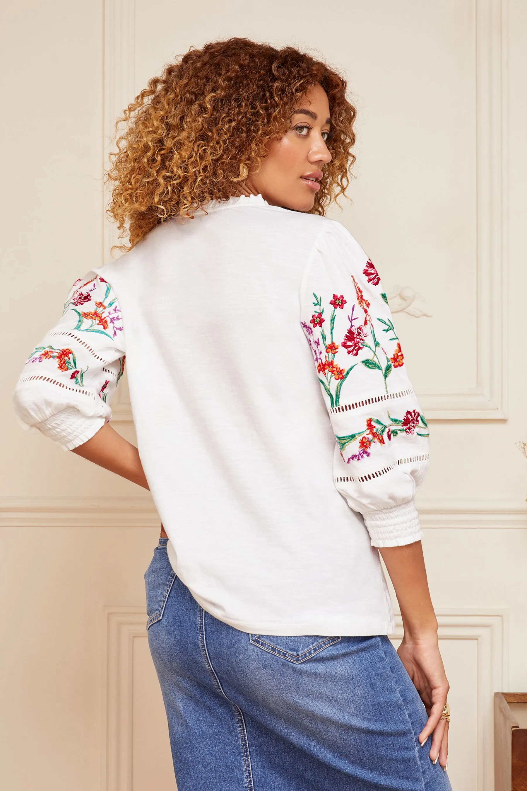 Love & Roses Scollo a V - Top in jersey con maniche ricamate