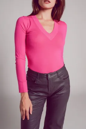 Maglione fucsia in maglia fine con scollo a V