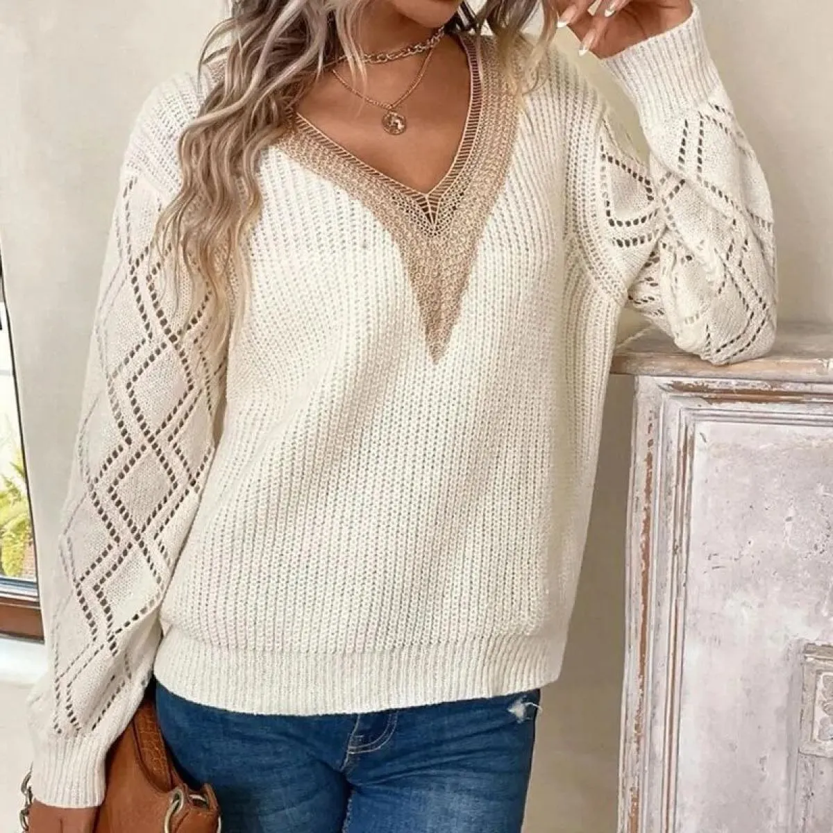 Maglione nuovo in pizzo con scollo a V, maglione pullover casual allentato per top da donna
