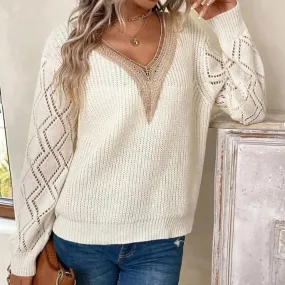 Maglione nuovo in pizzo con scollo a V, maglione pullover casual allentato per top da donna
