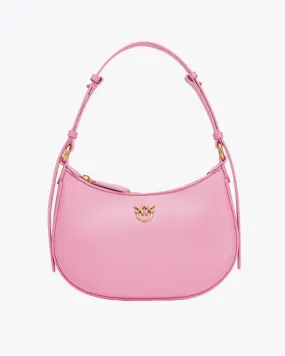 Mini Love Bag Half Moon in pelle liscia rosa bubble con logo Love Birds dorato in metallo frontale