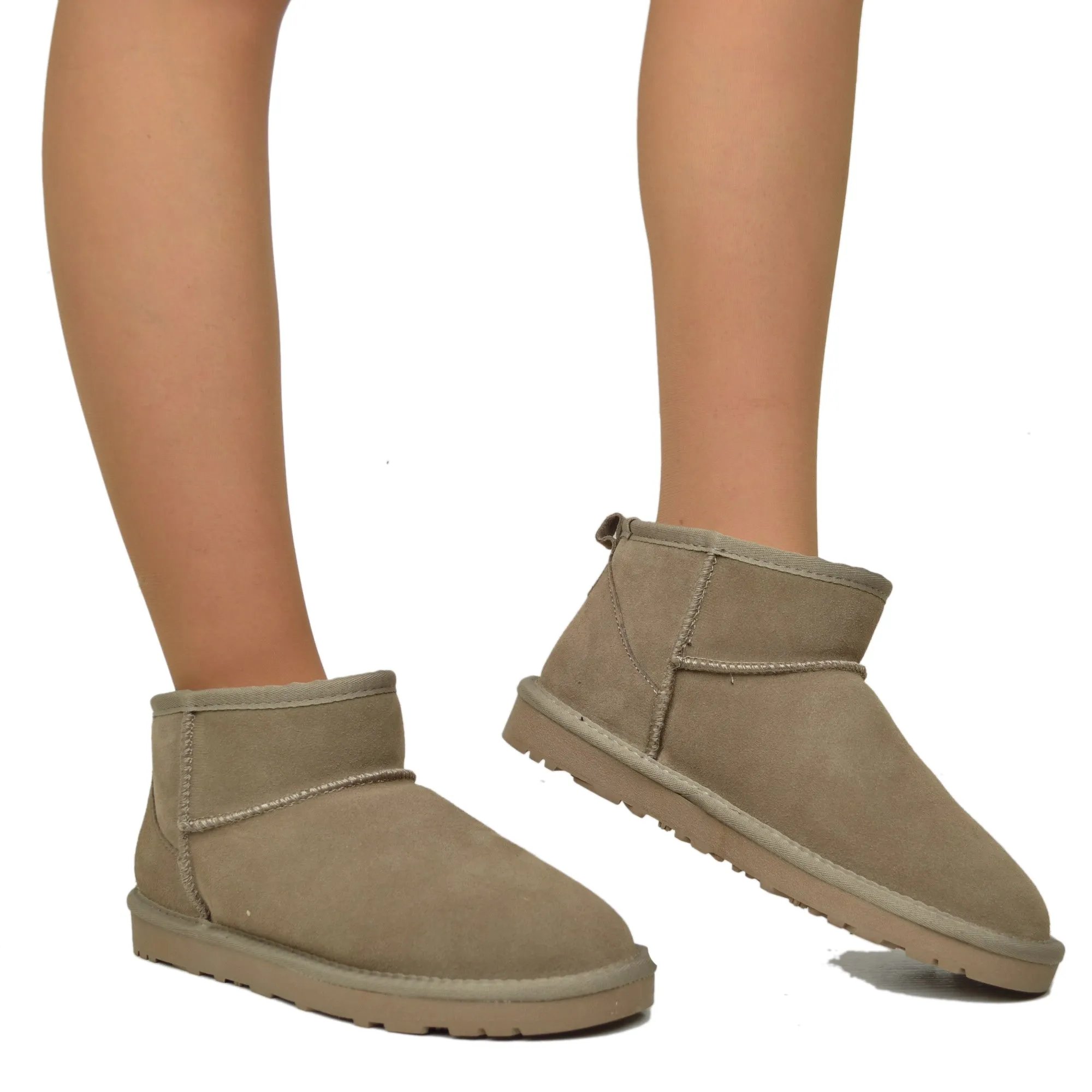 Stivaletti con Pelo Ultra Mini in Pelle Scamosciata Imbottiti in 100% Lana Taupe