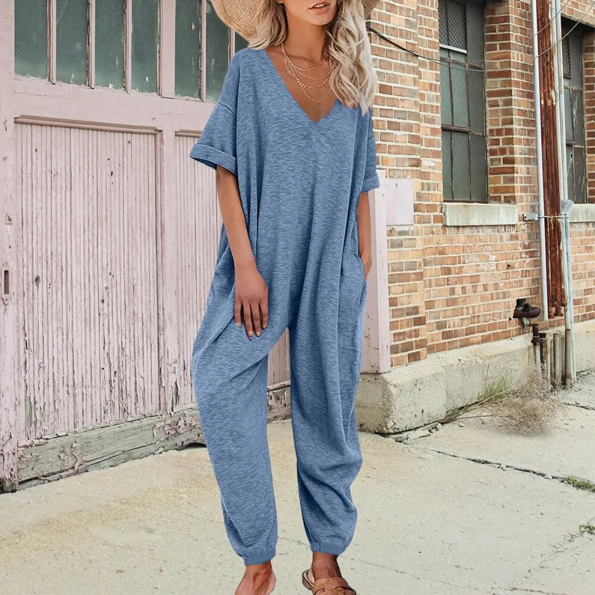 Tuta intera da donna 2024 Tuta estiva a maniche corte a vita alta a vita alta Pantaloni lunghi larghi a gamba larga slim fit