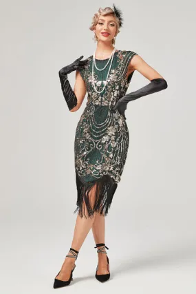 Verde Girocollo Oro Ricamo Abito 1920s Con Frange