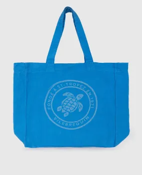 Vilebrequin Borsa da spiaggia in lino blu Turtle Mineral Dye BBLU3104M